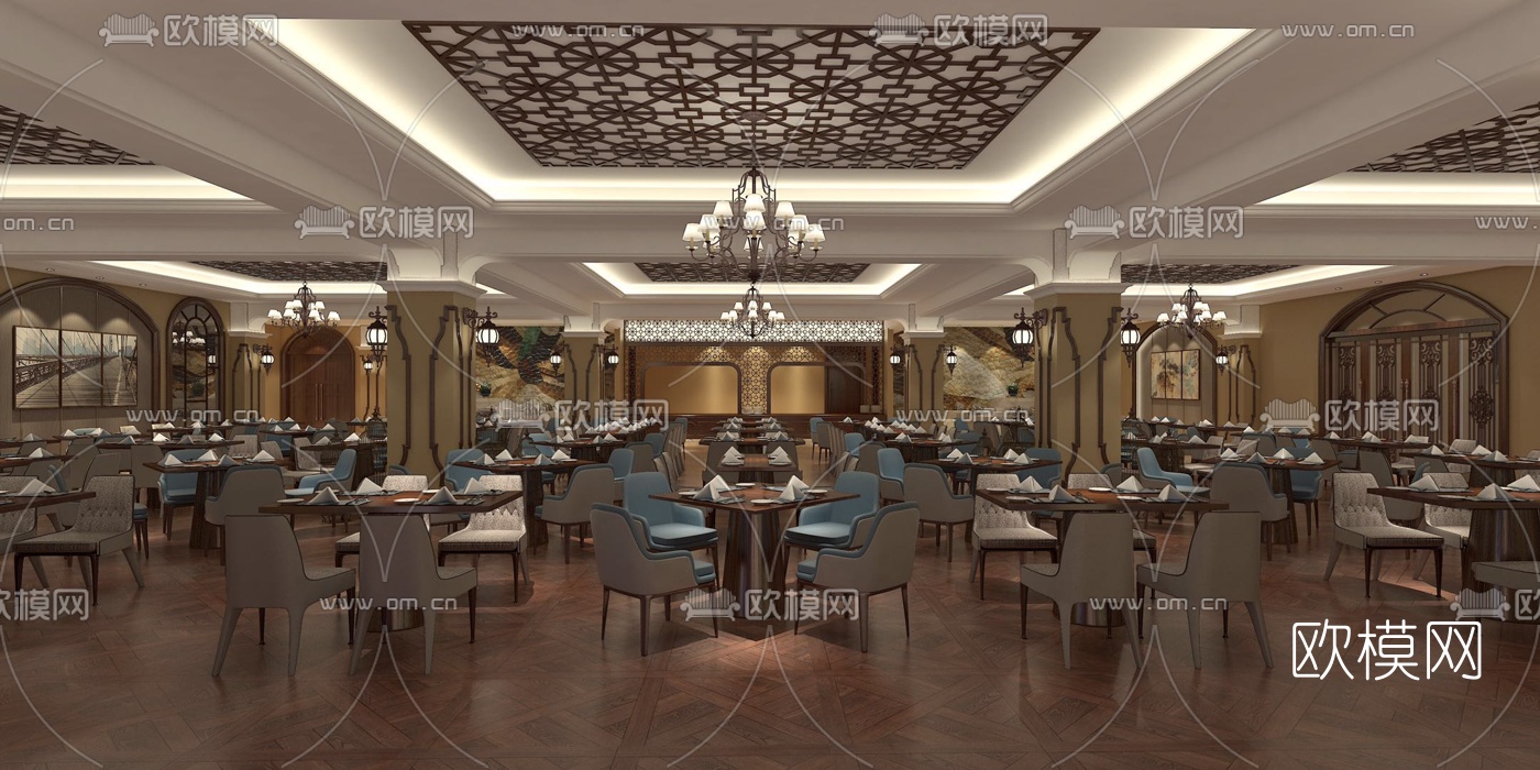 现代酒店宴会厅餐厅su模型下载（渲染图1）