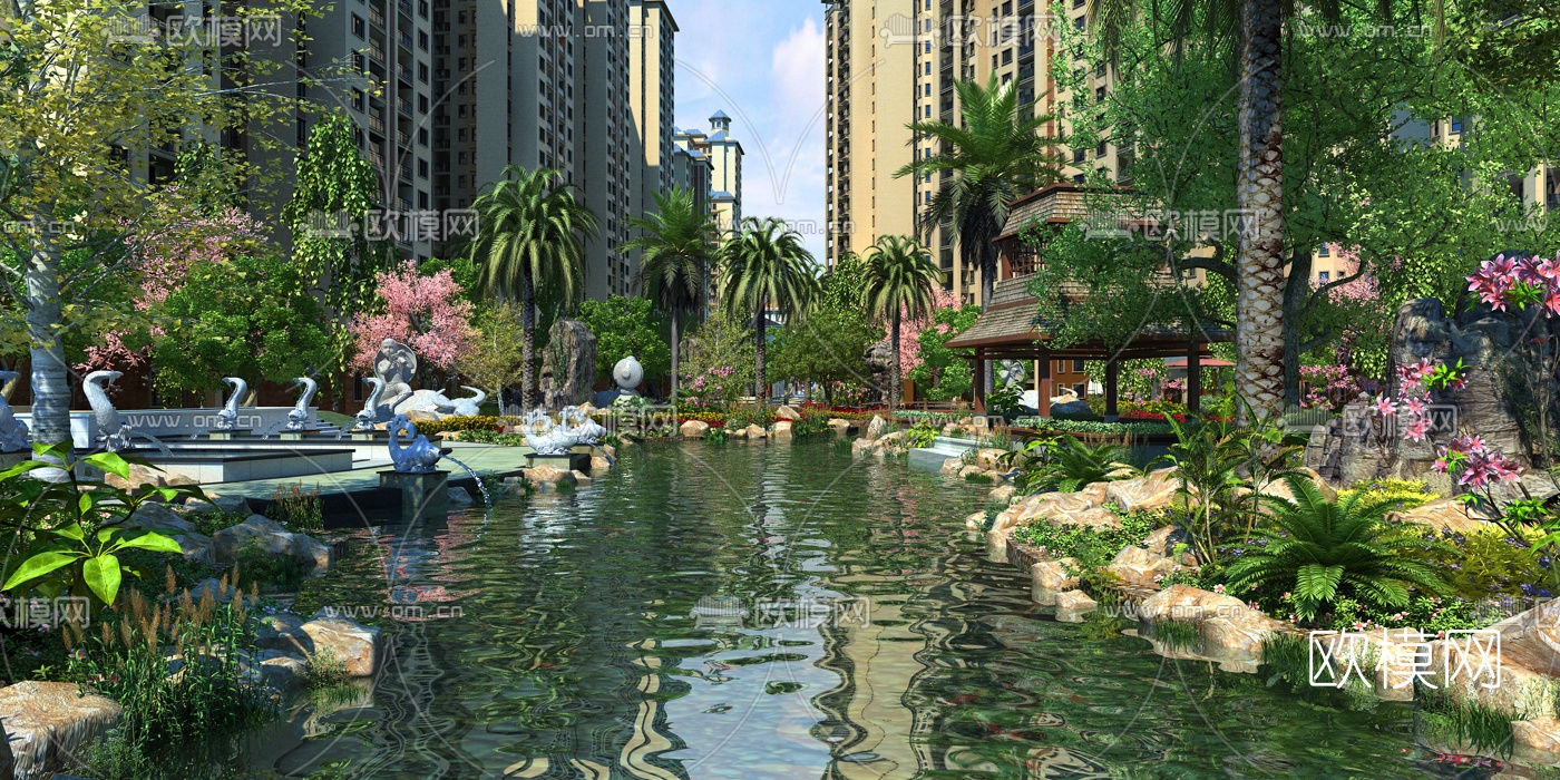 现代小区园林景观3d模型下载