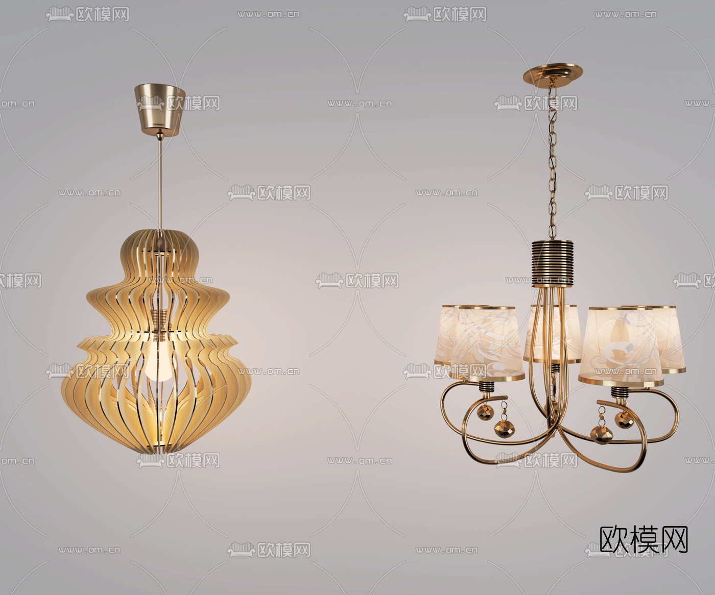 简欧金属多头吊灯3d模型下载（渲染图2）