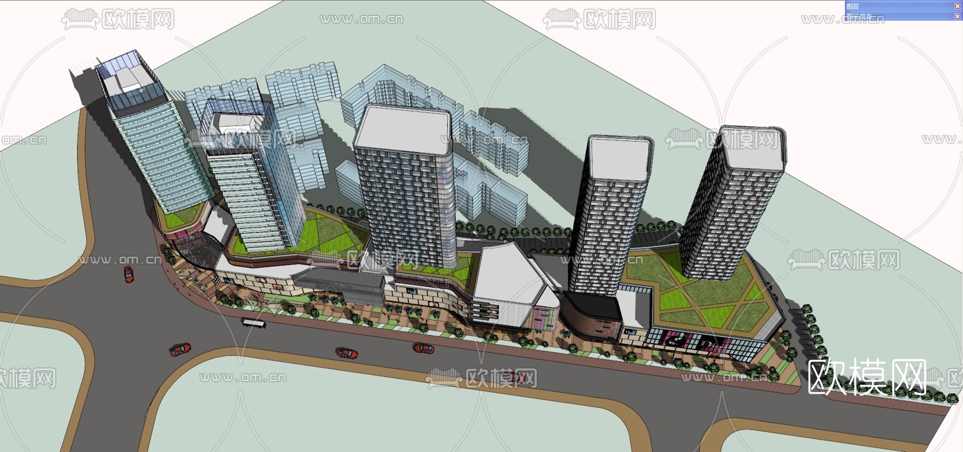 现代商业街规划su模型下载（渲染图2）