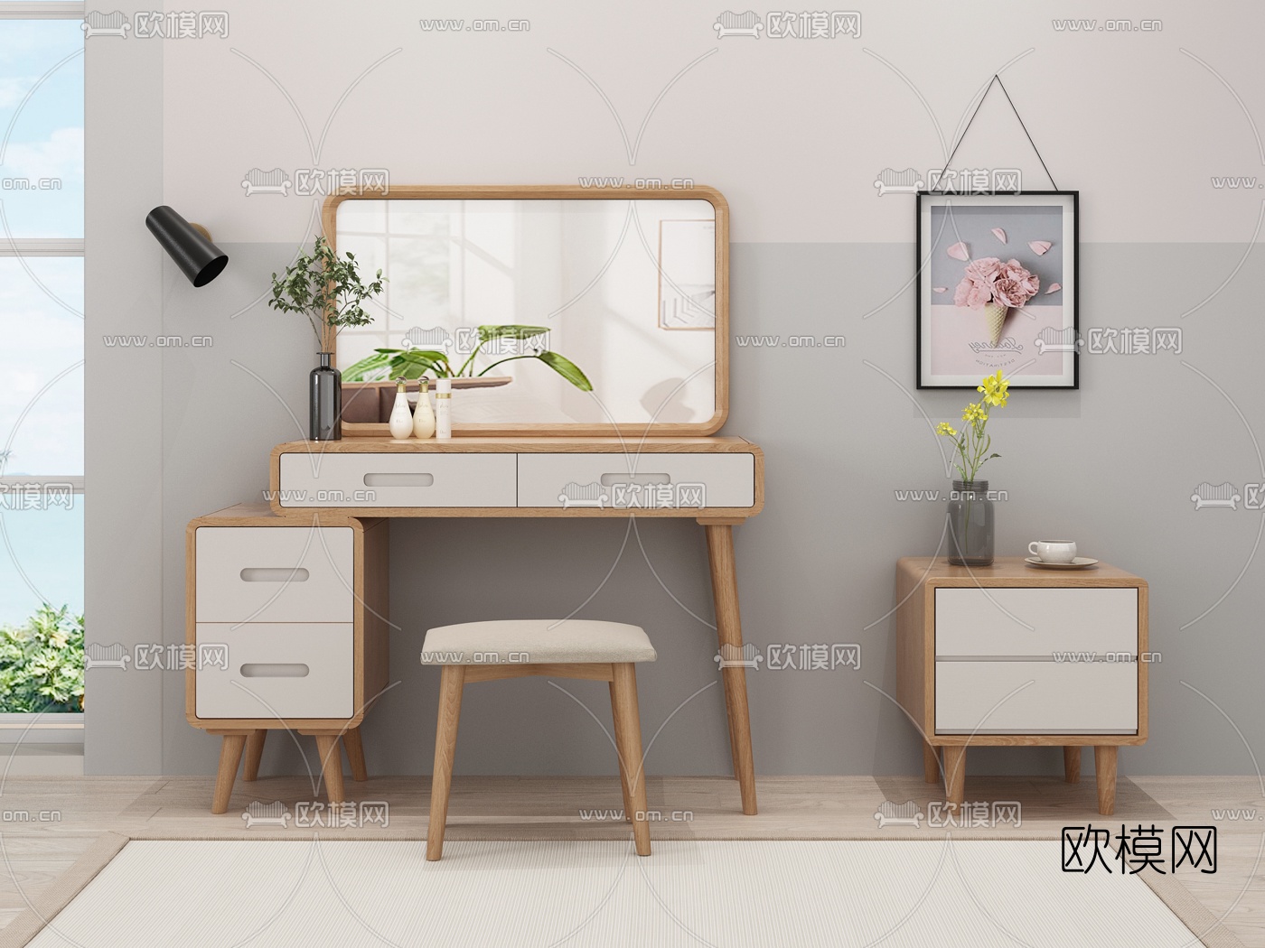 北欧实木梳妆台3d模型下载（渲染图1）