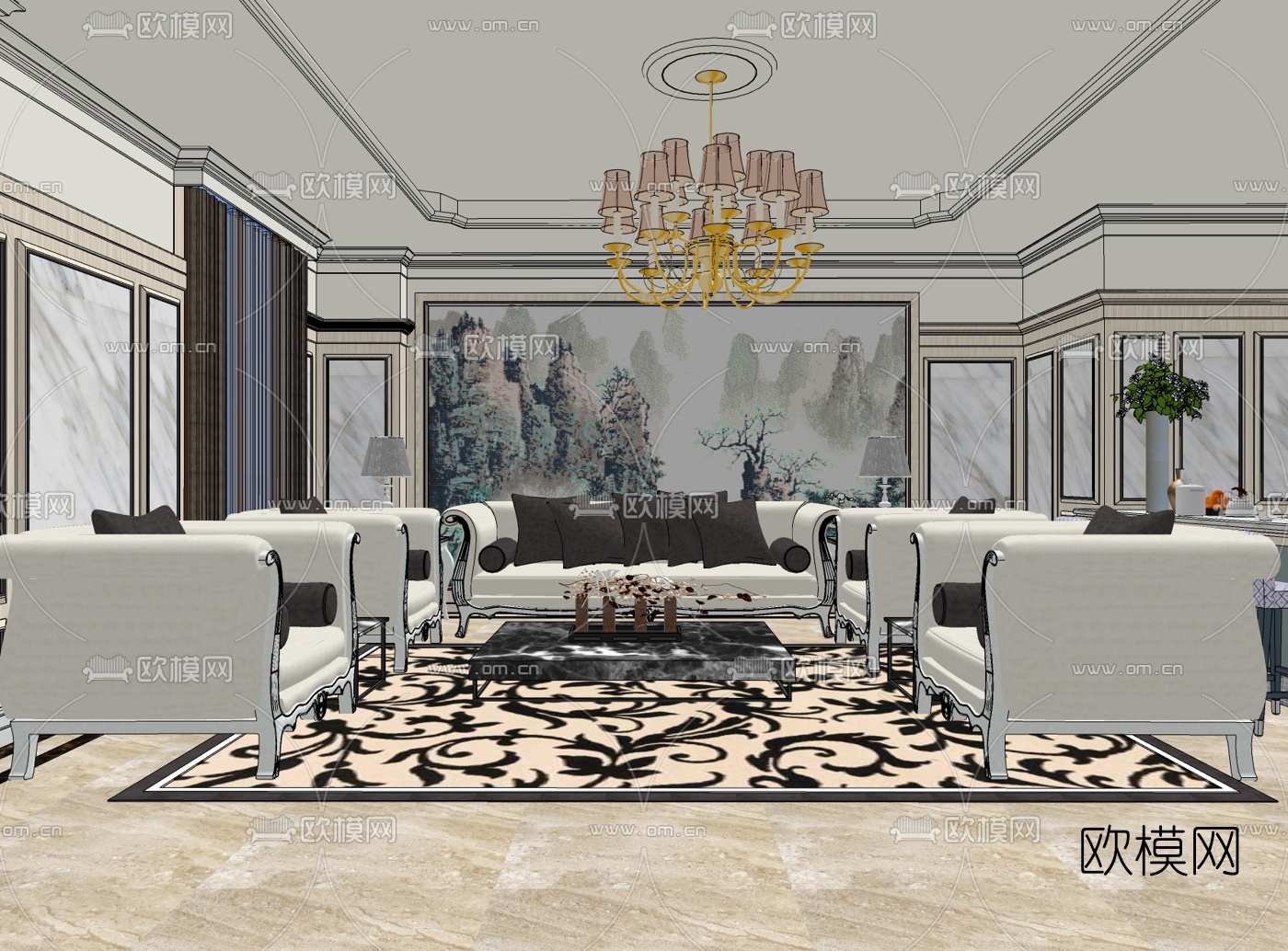 欧式轻奢客厅餐厅su模型