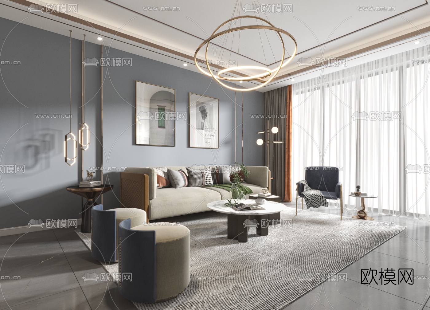 现代轻奢客厅餐厅3d模型下载（渲染图4）