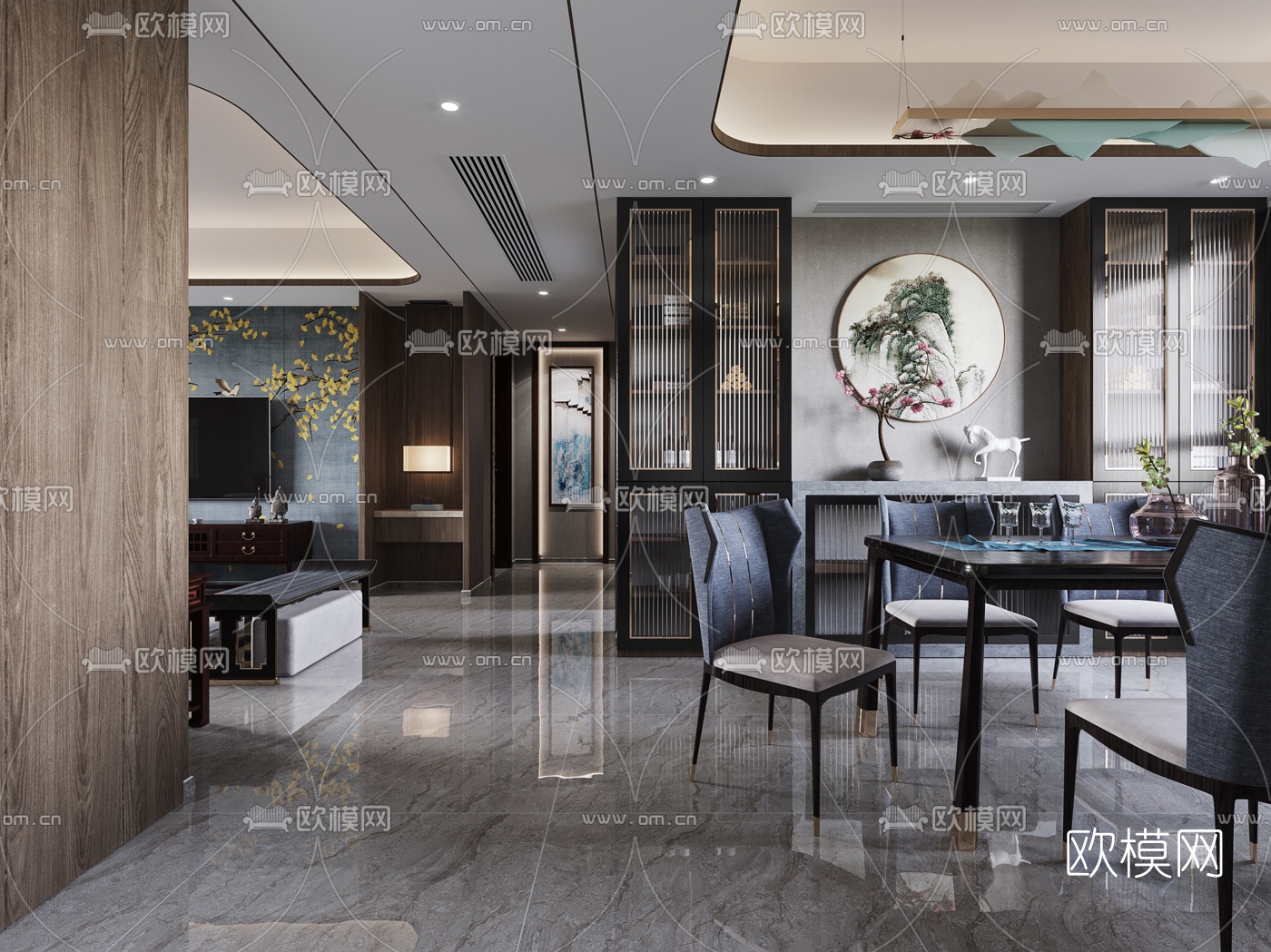 新中式客厅餐厅3d模型下载（渲染图2）