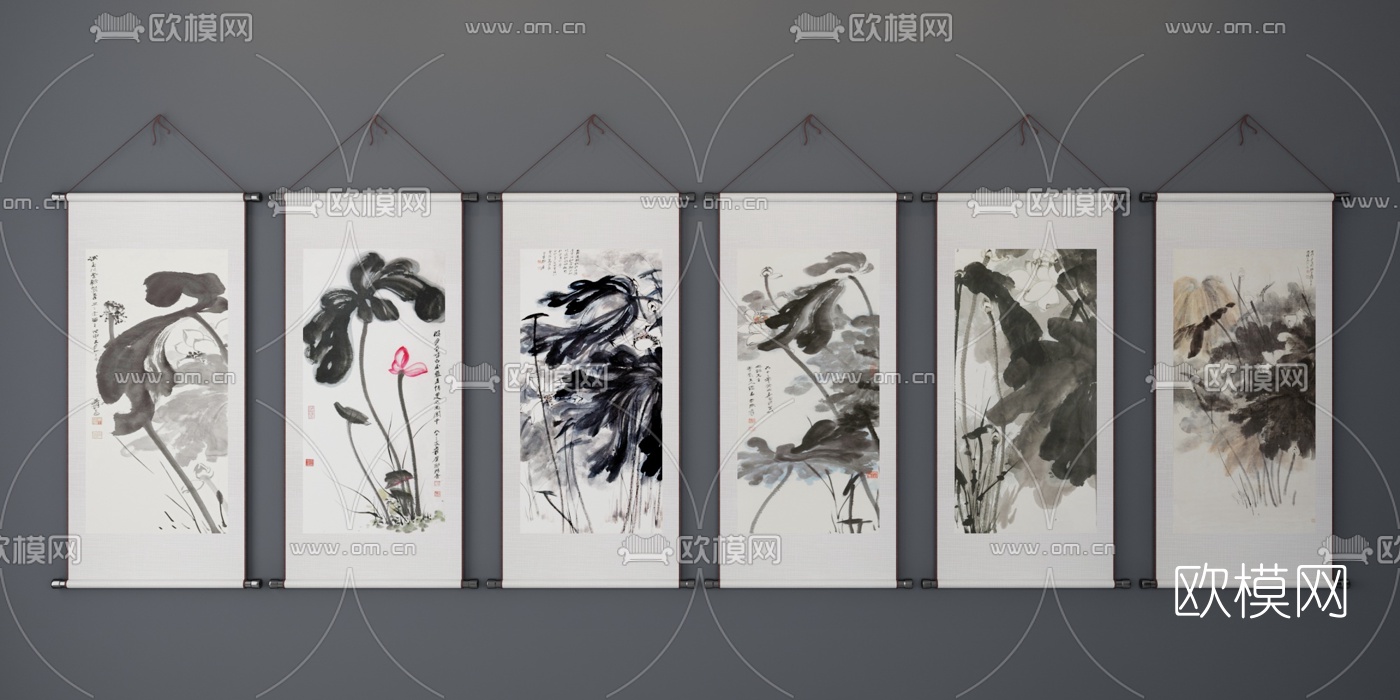 新中式荷花字画挂画装饰画3D模型