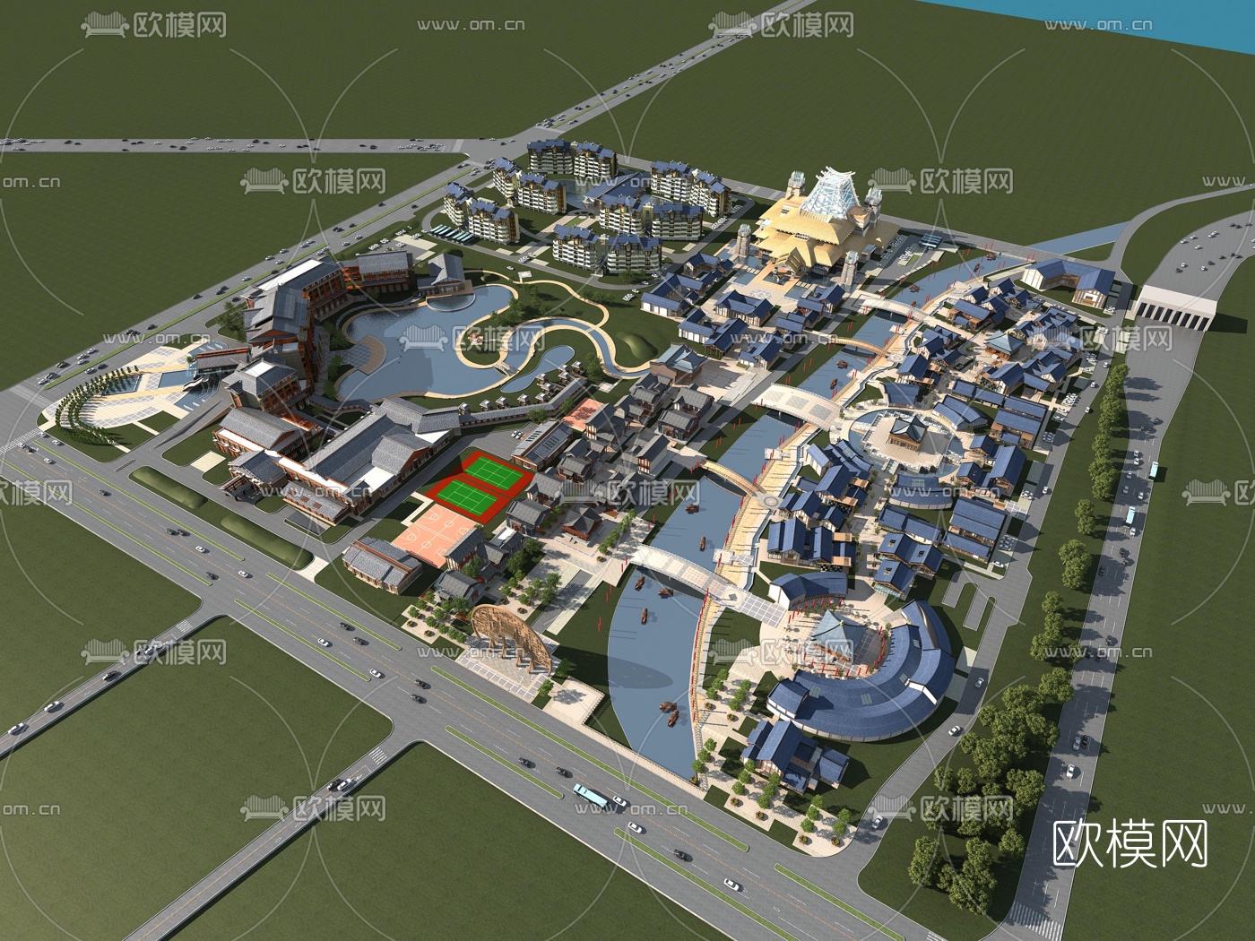 新中式商业区鸟瞰规划3d模型