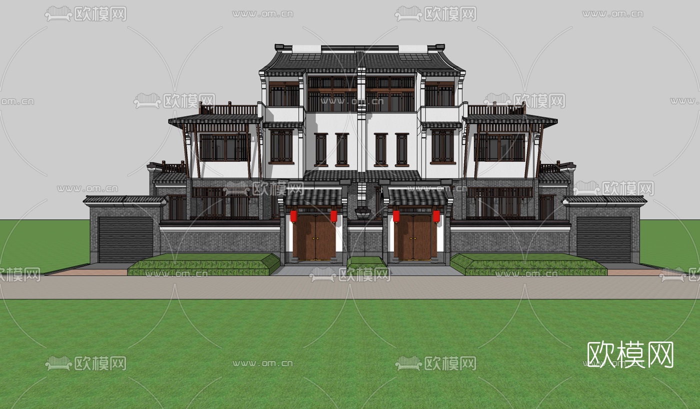 中式连排别墅su模型
