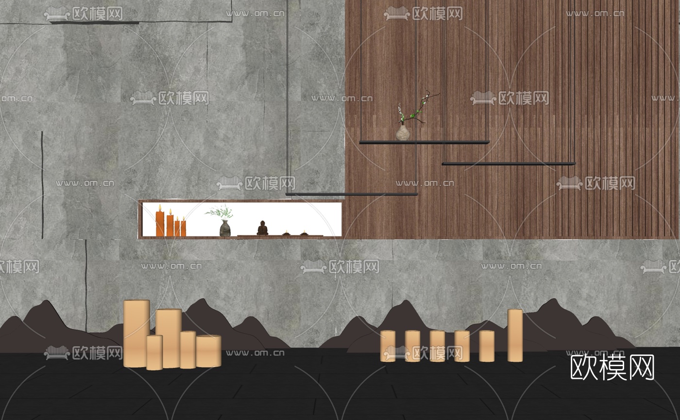 自然风石头背景墙su模型下载（渲染图1）