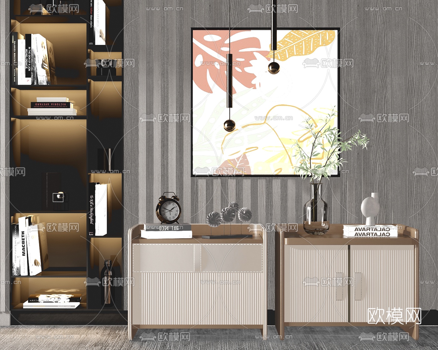 新中式轻奢床头柜su模型下载（渲染图2）