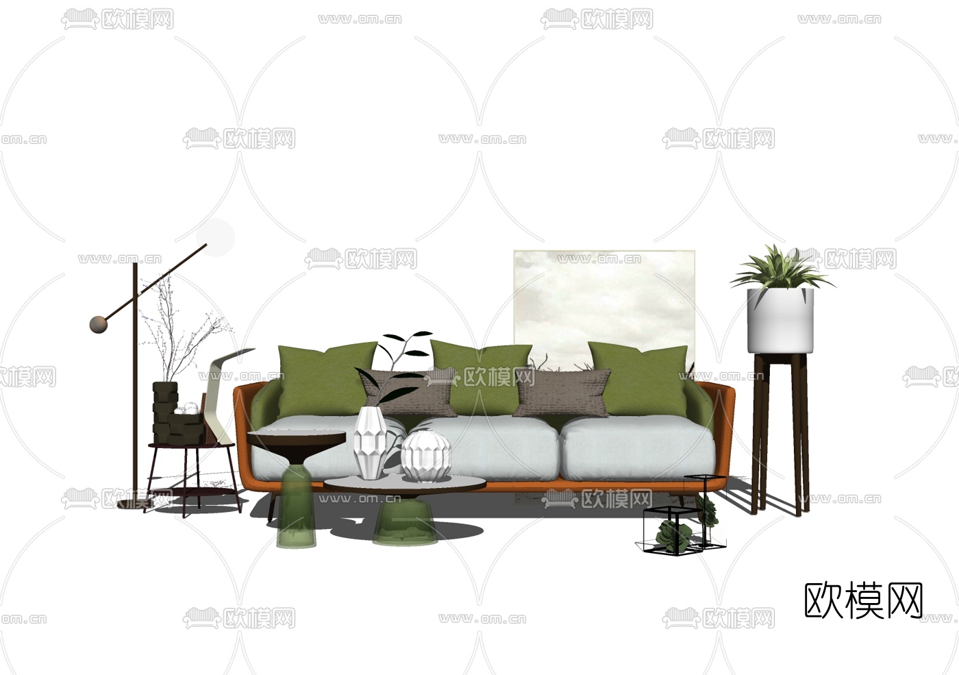 北欧布艺多人沙发su模型下载（渲染图2）