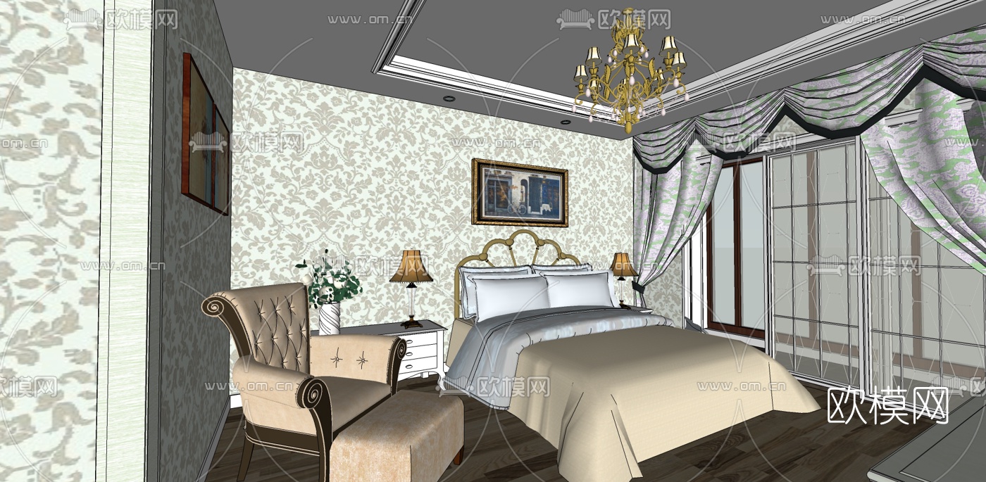 欧式客餐厅su模型下载（渲染图3）