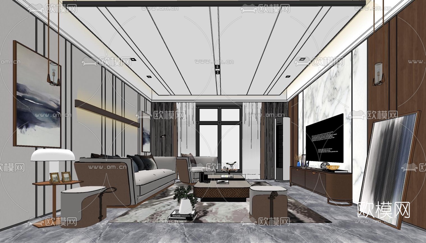 现代轻奢客厅su模型下载