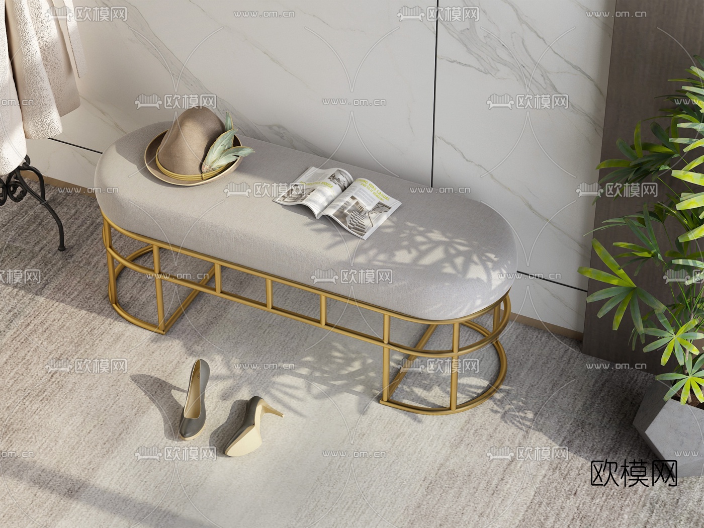 现代金属布艺脚凳3d模型下载（渲染图1）