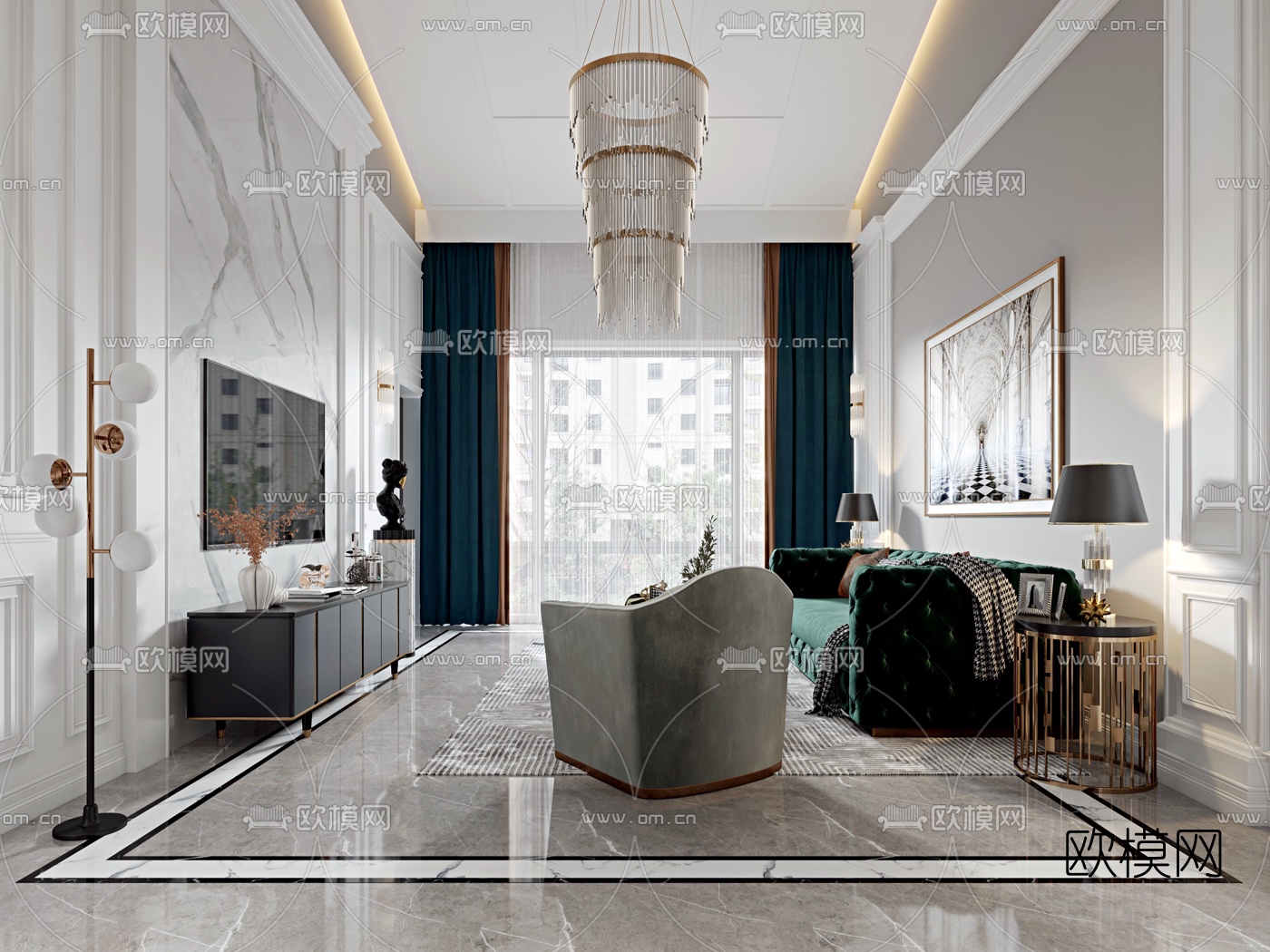 美式别墅客厅餐厅3d模型下载（渲染图2）