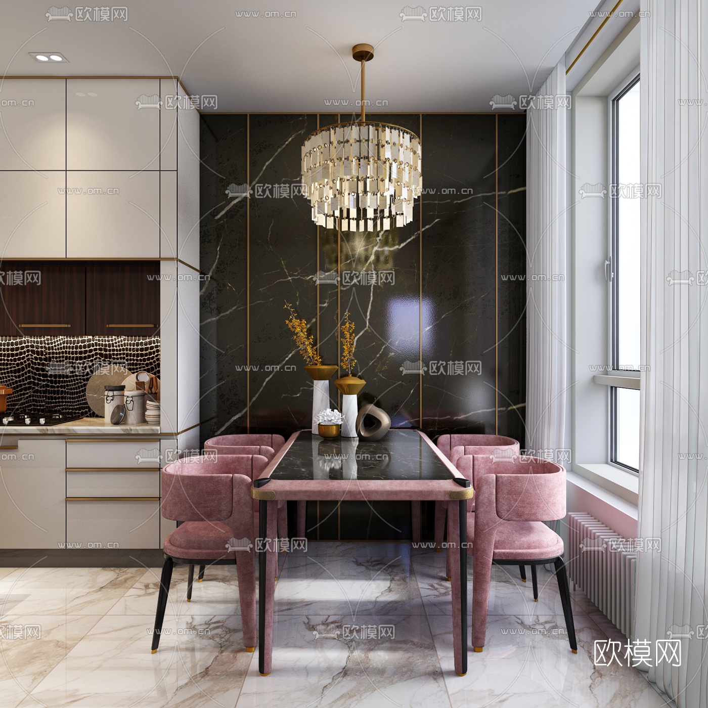 基辅NY公寓 现代粉色皮革餐桌椅3d模型