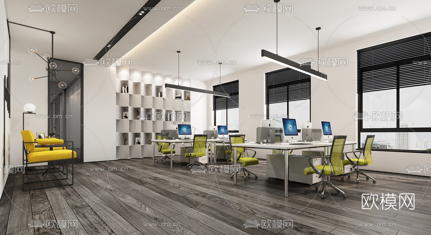现代敞开式办公室3D模型下载