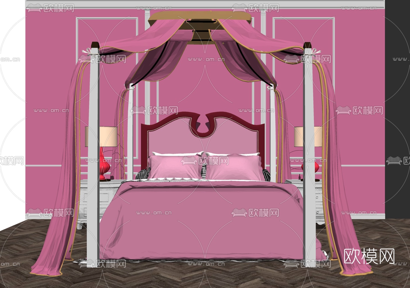 简欧粉红色公主床su模型下载