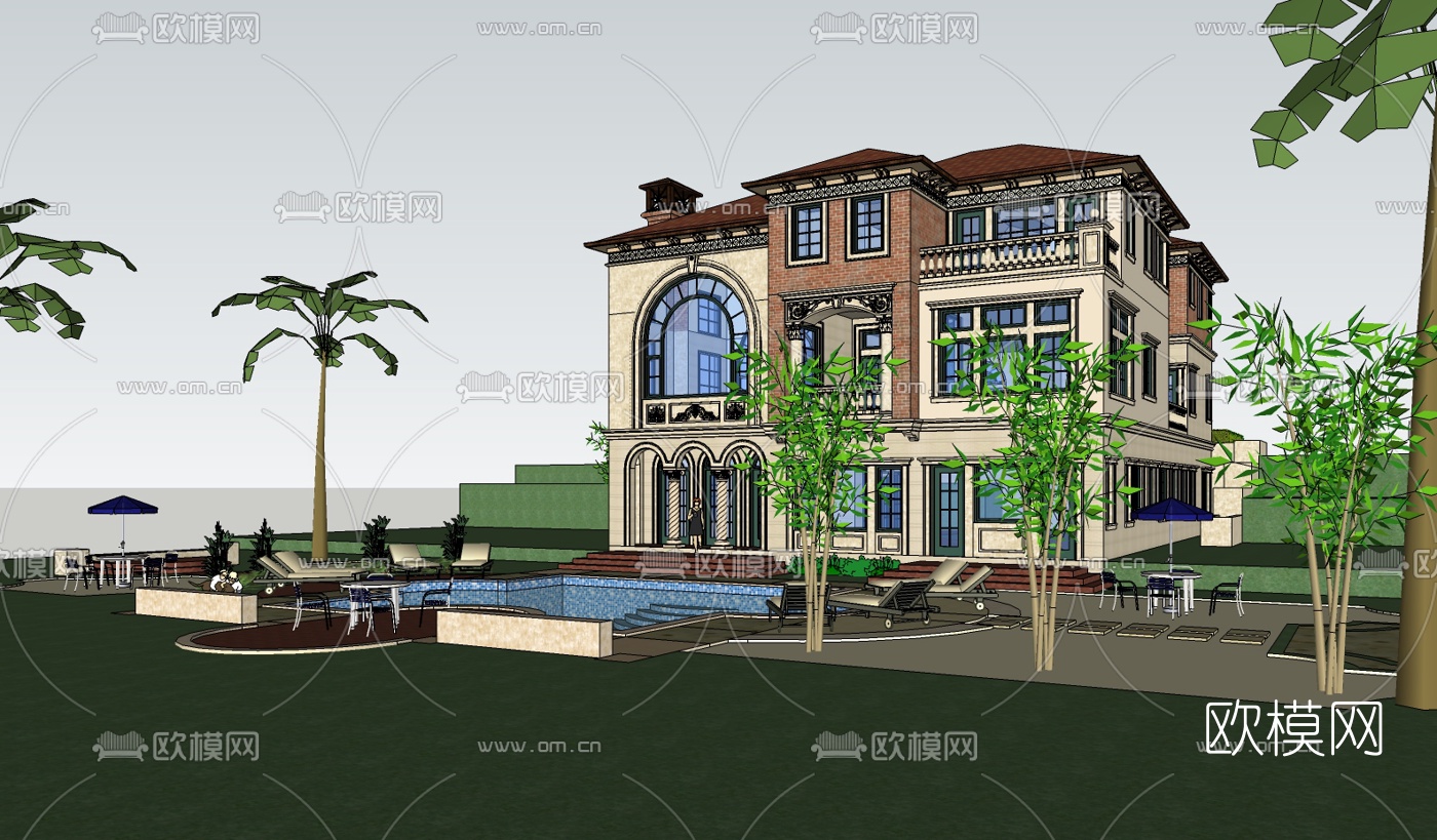 欧式独栋别墅su模型下载（渲染图2）