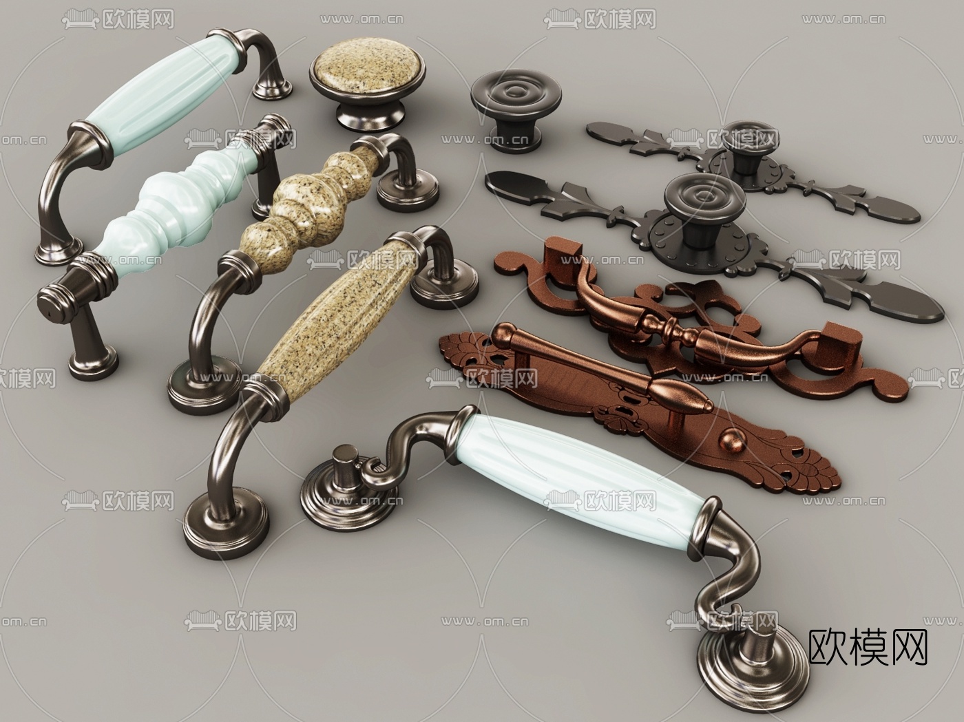 欧式金属雕花拉手把手组合3D模型下载
