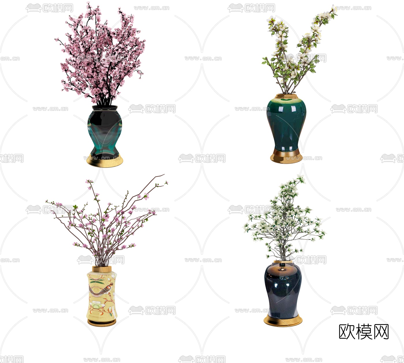 中式陶瓷玻璃花瓶插花组合3D模型下载（渲染图1）