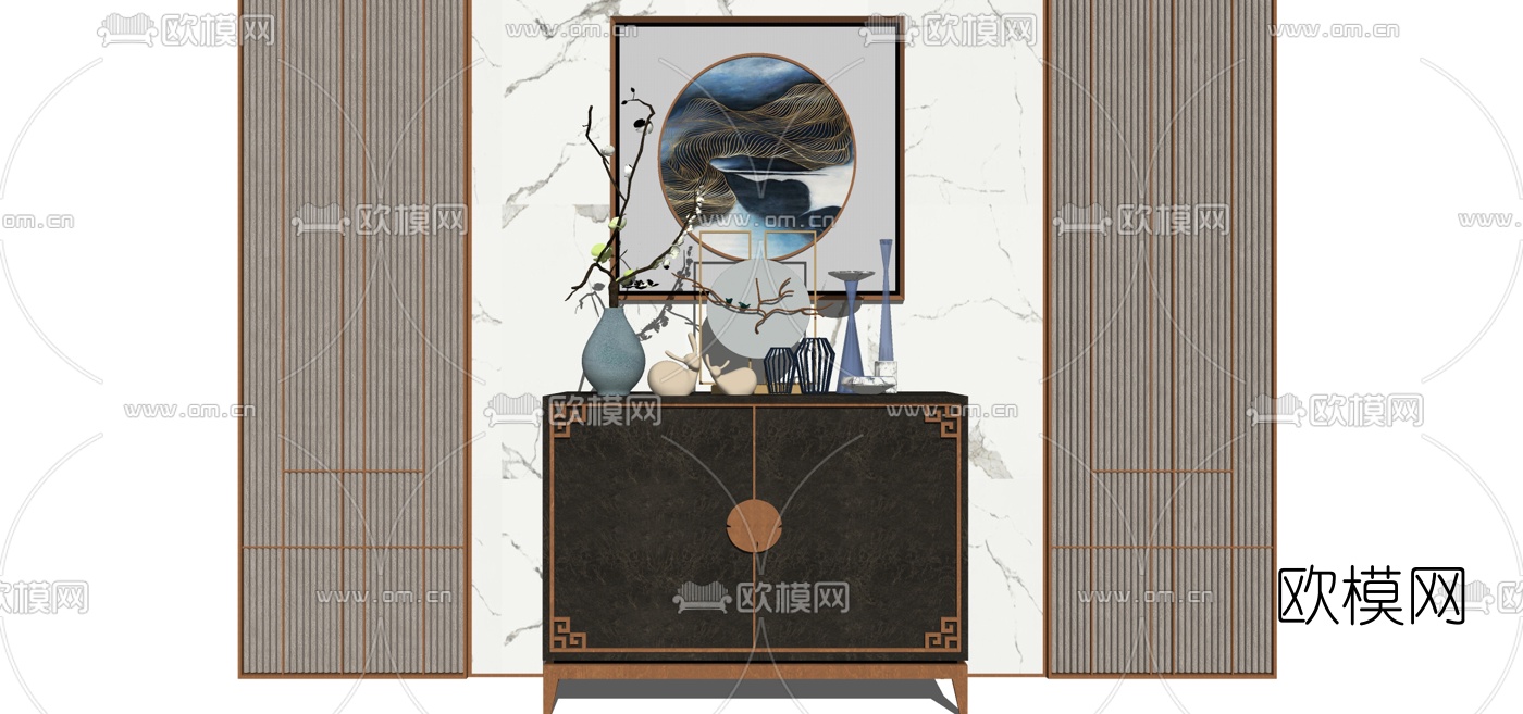 新中式实木边柜su模型下载