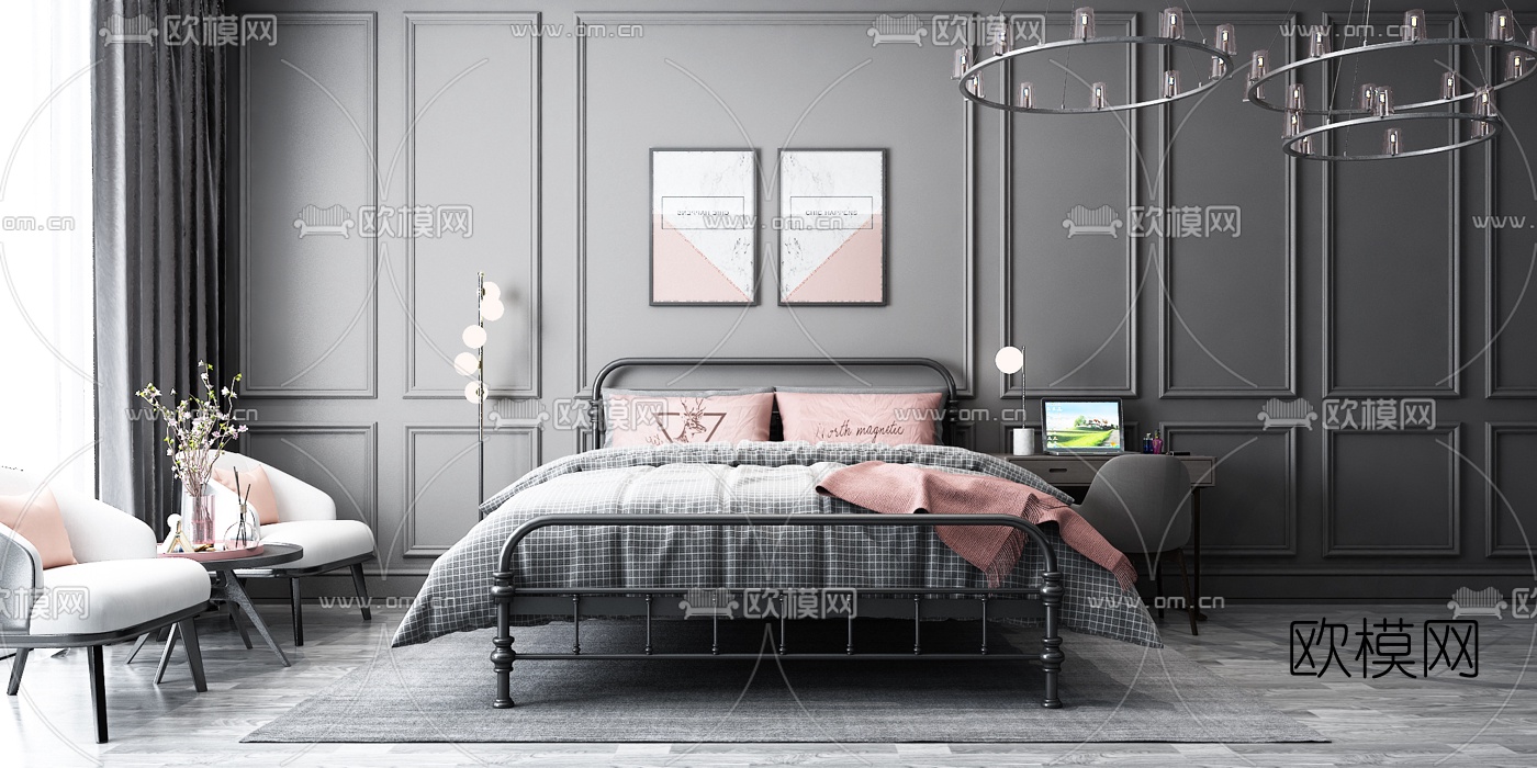 工业风铁艺双人床3d模型下载