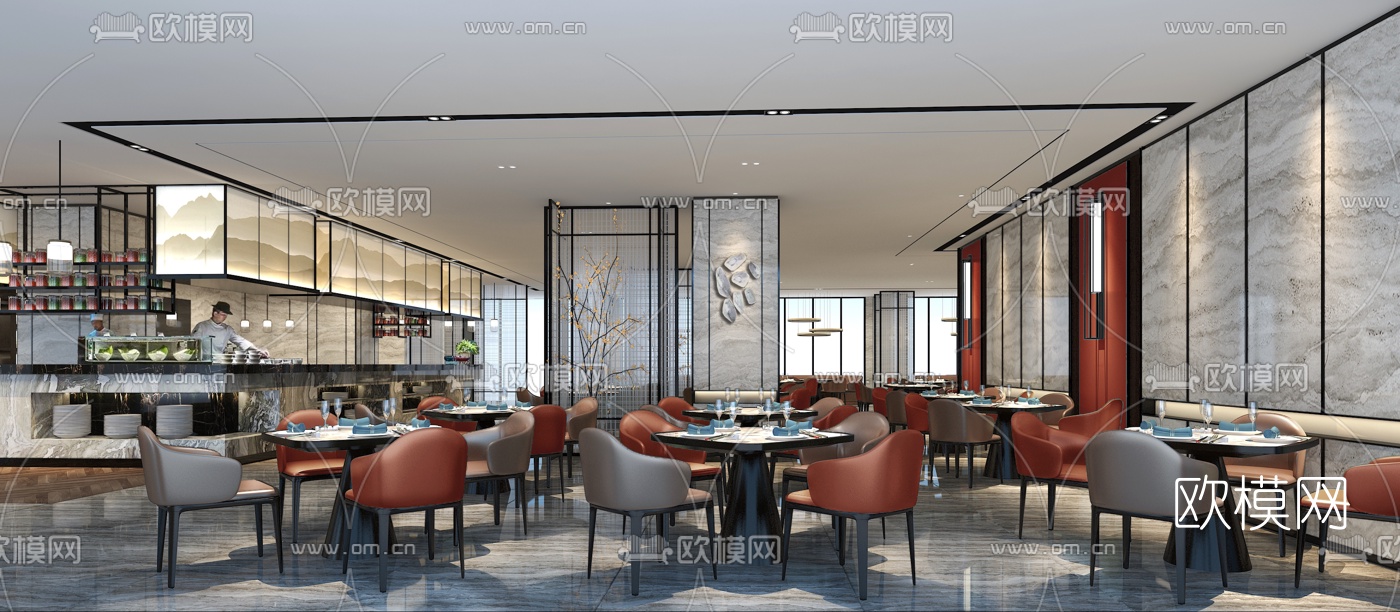 新中式酒店自助餐厅3D模型