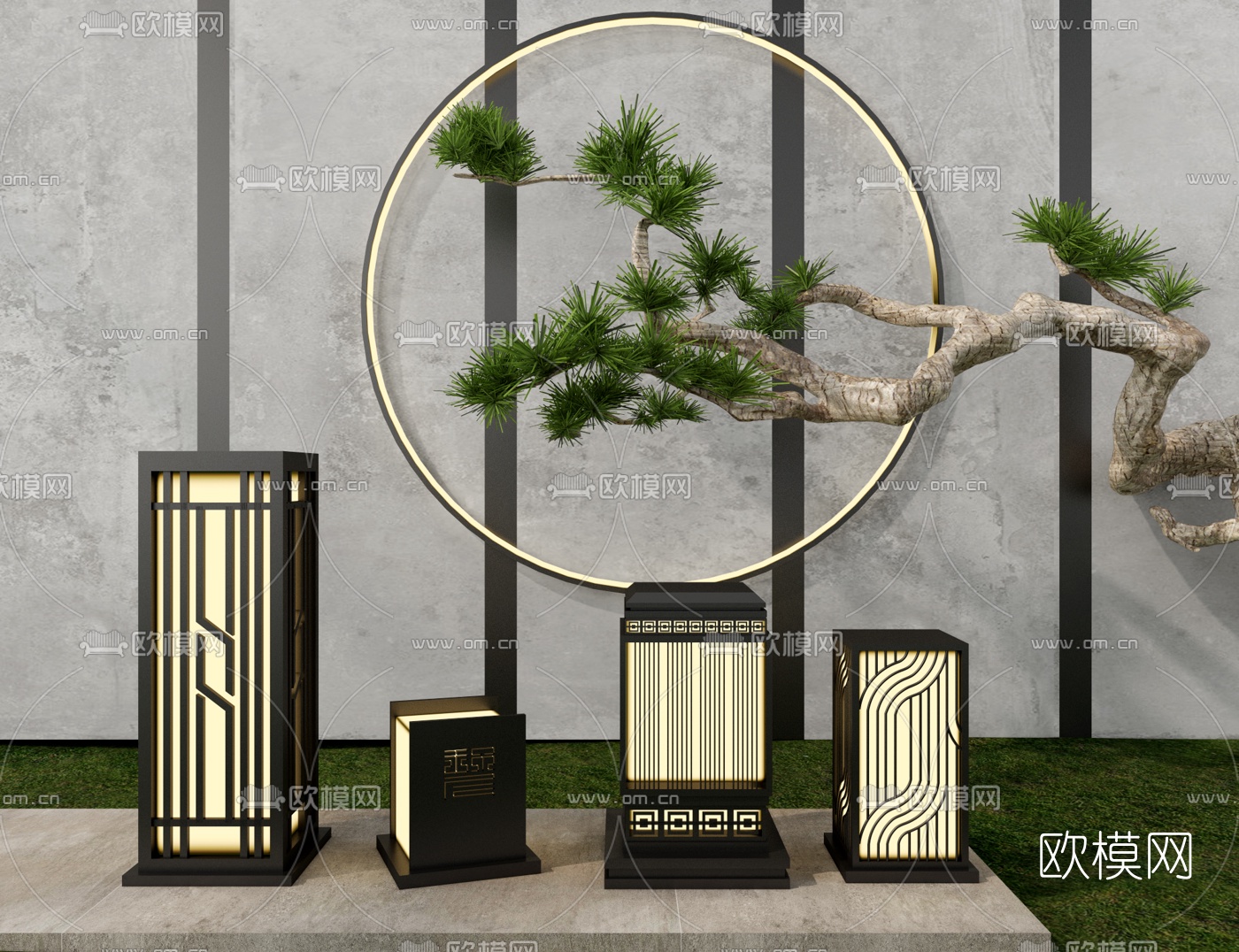 新中式户外草坪灯组合3d模型