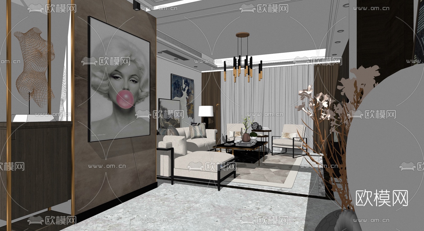 现代轻奢客餐厅su模型下载（渲染图5）