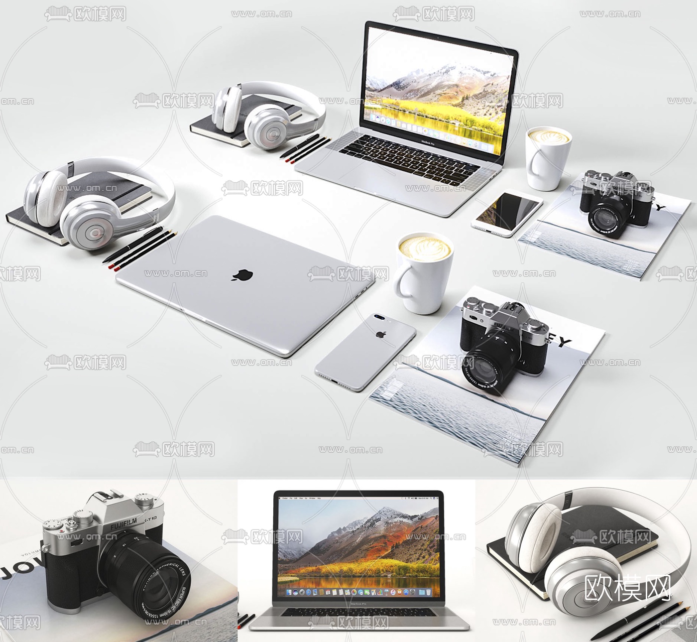 现代苹果笔记本手机耳机相机文具3d模型