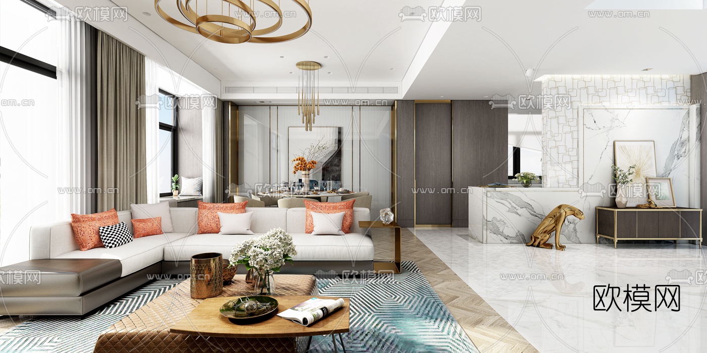 后现代客厅餐厅3D模型下载（渲染图3）