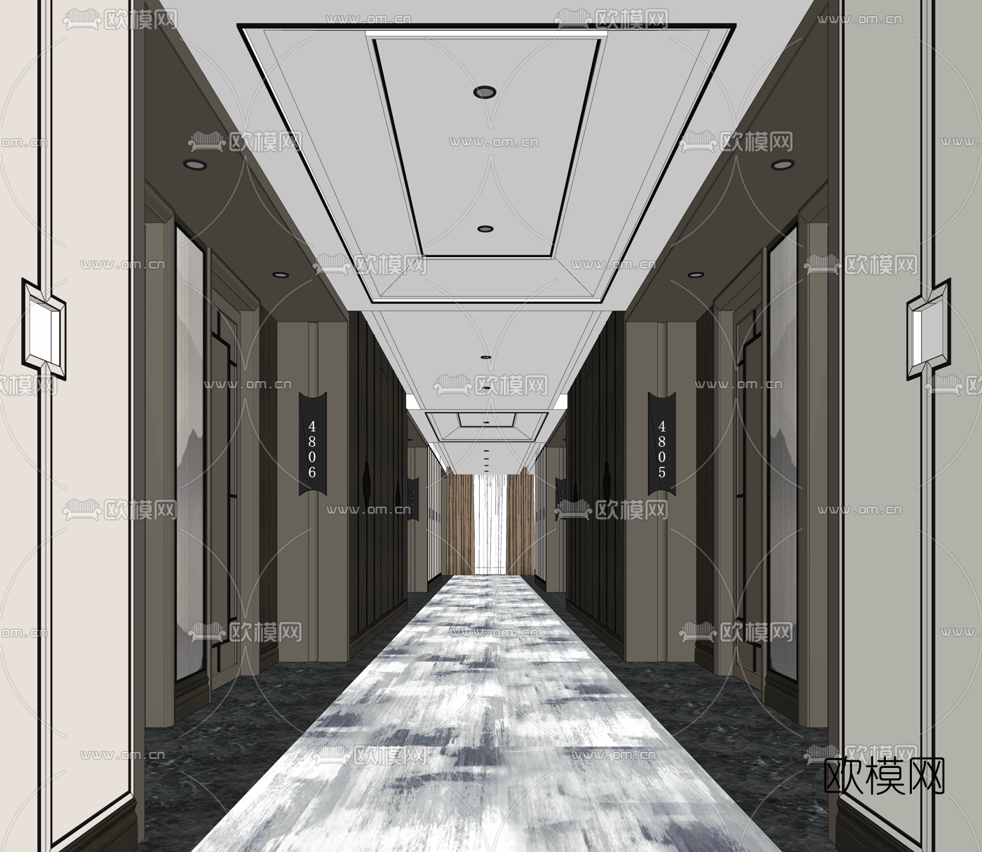 新中式酒店走廊过道su模型