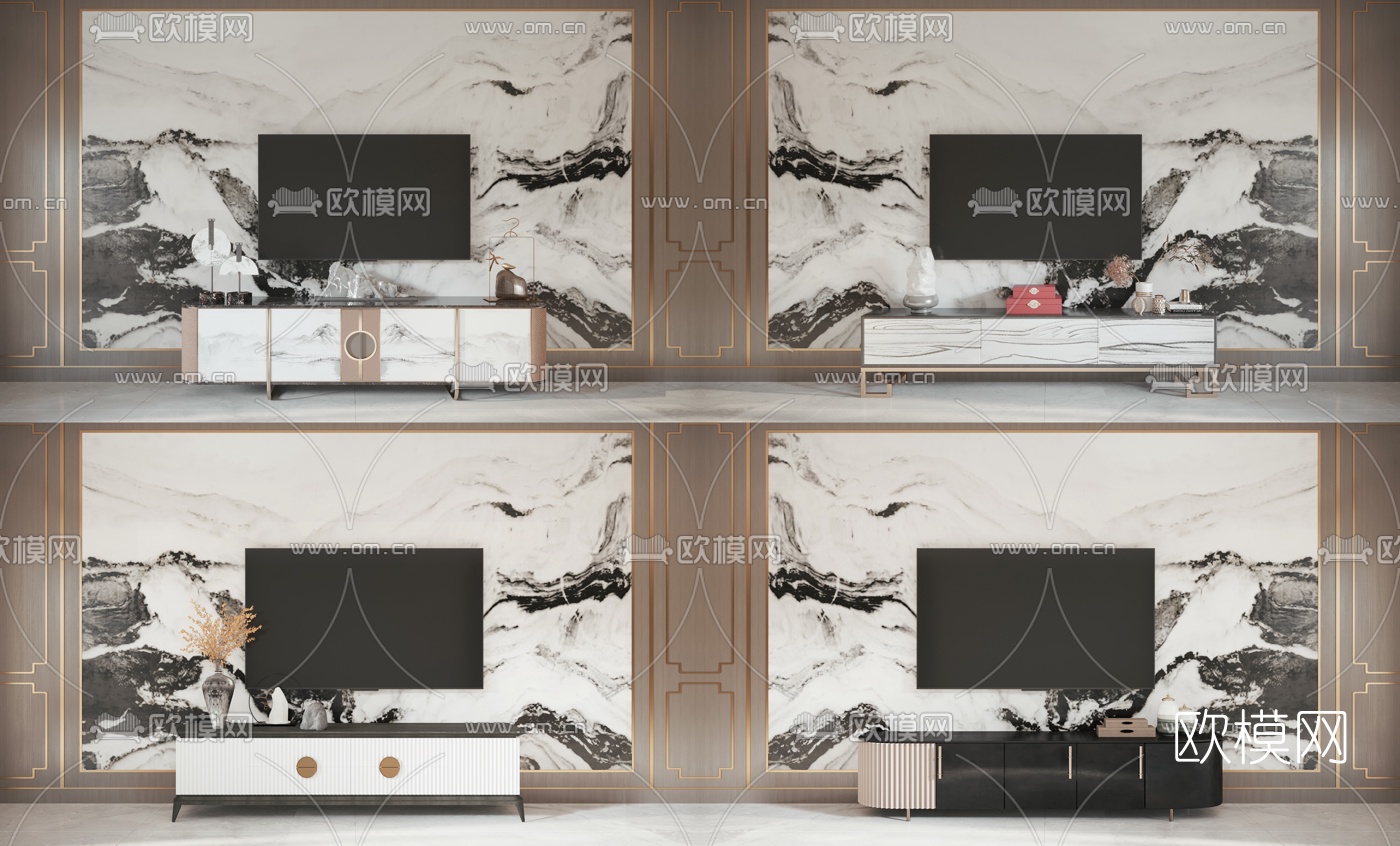 新中式轻奢电视柜3d模型下载（渲染图1）