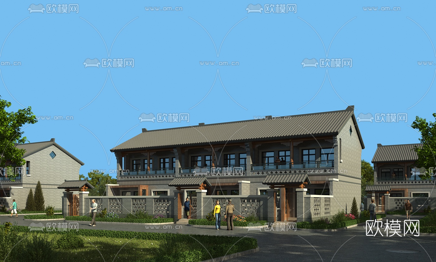 中式联排别墅外观3d模型下载（渲染图1）