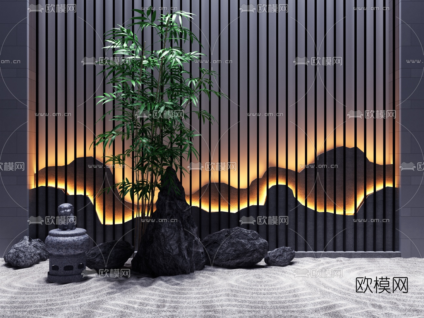 新中式石头景观背景墙竹子组合3D模型
