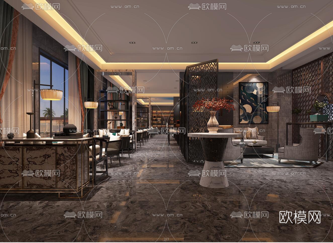 新中式酒店大堂吧3d模型下载