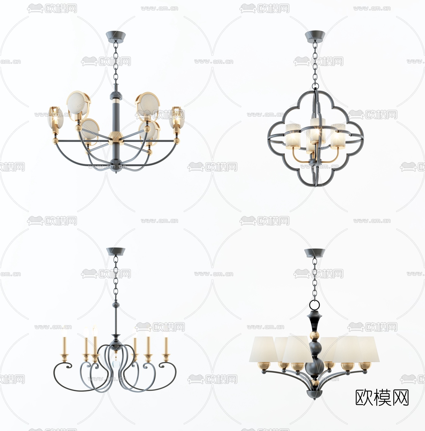 简欧时尚吊灯灯具组合3d模型-免费3dmax模型库-欧模网