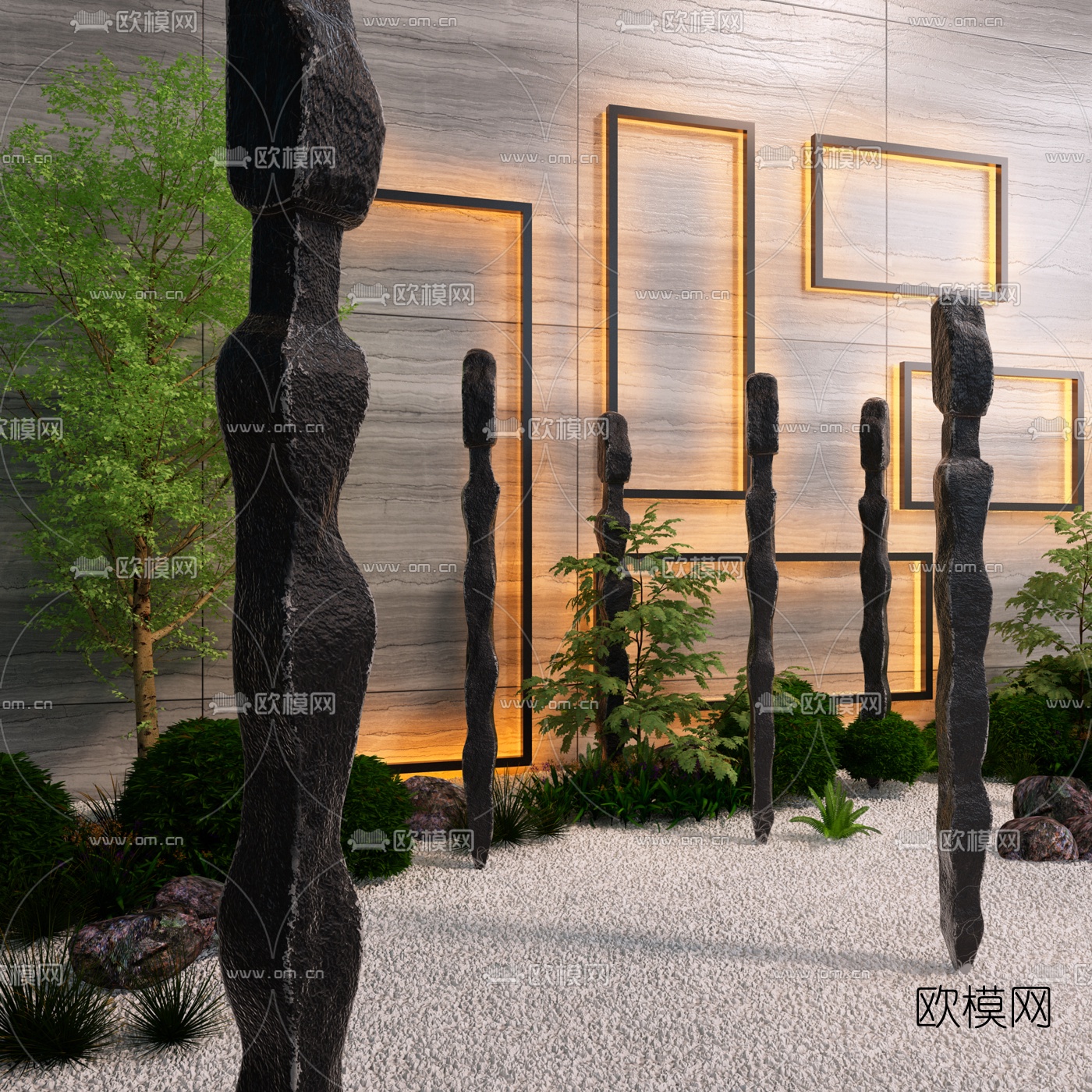 现代石柱绿植园艺小品3d模型下载（渲染图1）