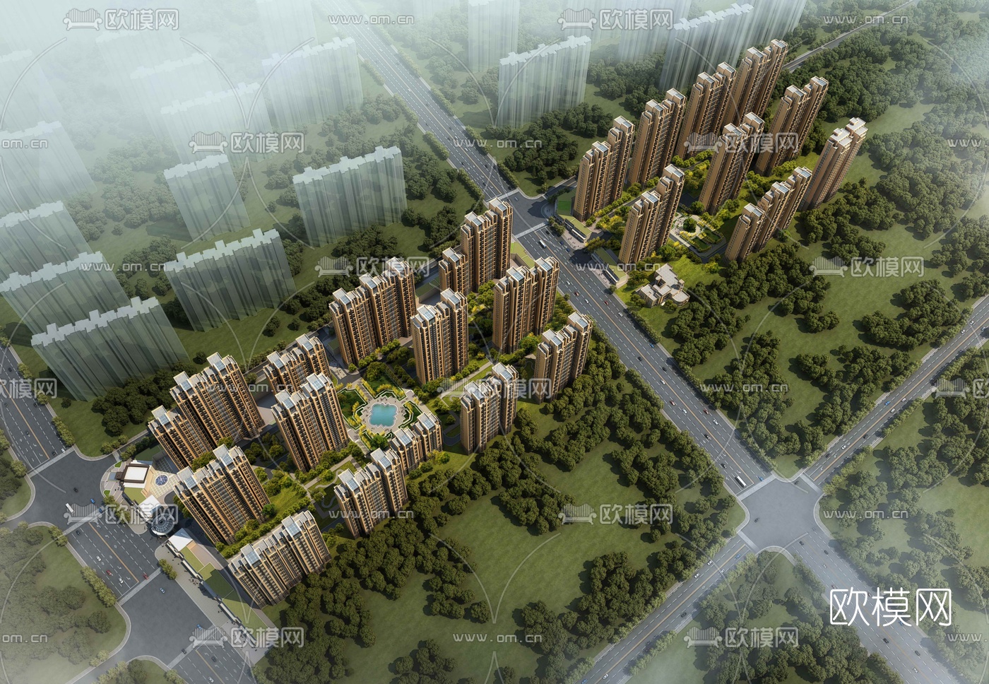 现代住宅小区鸟瞰3d模型下载