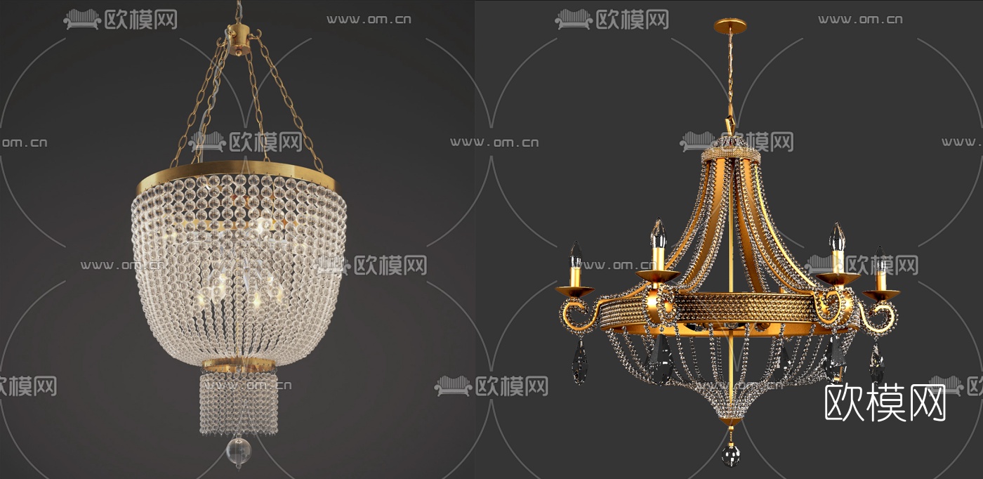 欧式水晶金属吊灯组合3D模型-免费3dmax模型库-欧模网