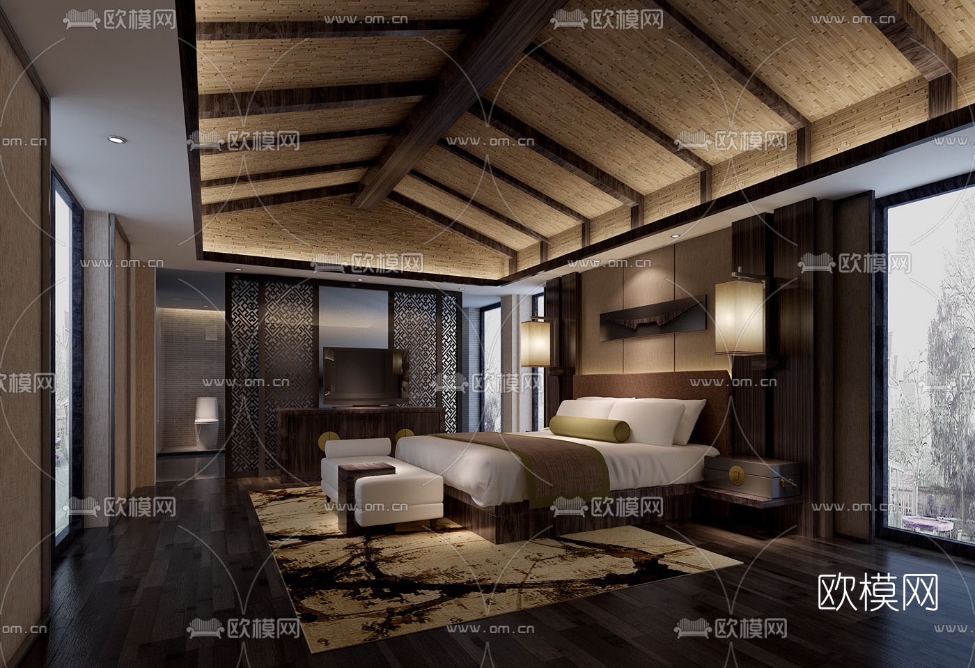 新中式酒店客房单人间3D模型-免费3dmax模型库-欧模网