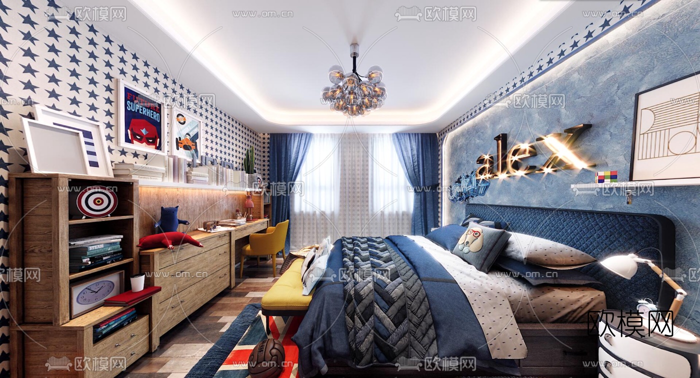 美式男孩房儿童房全景3d模型