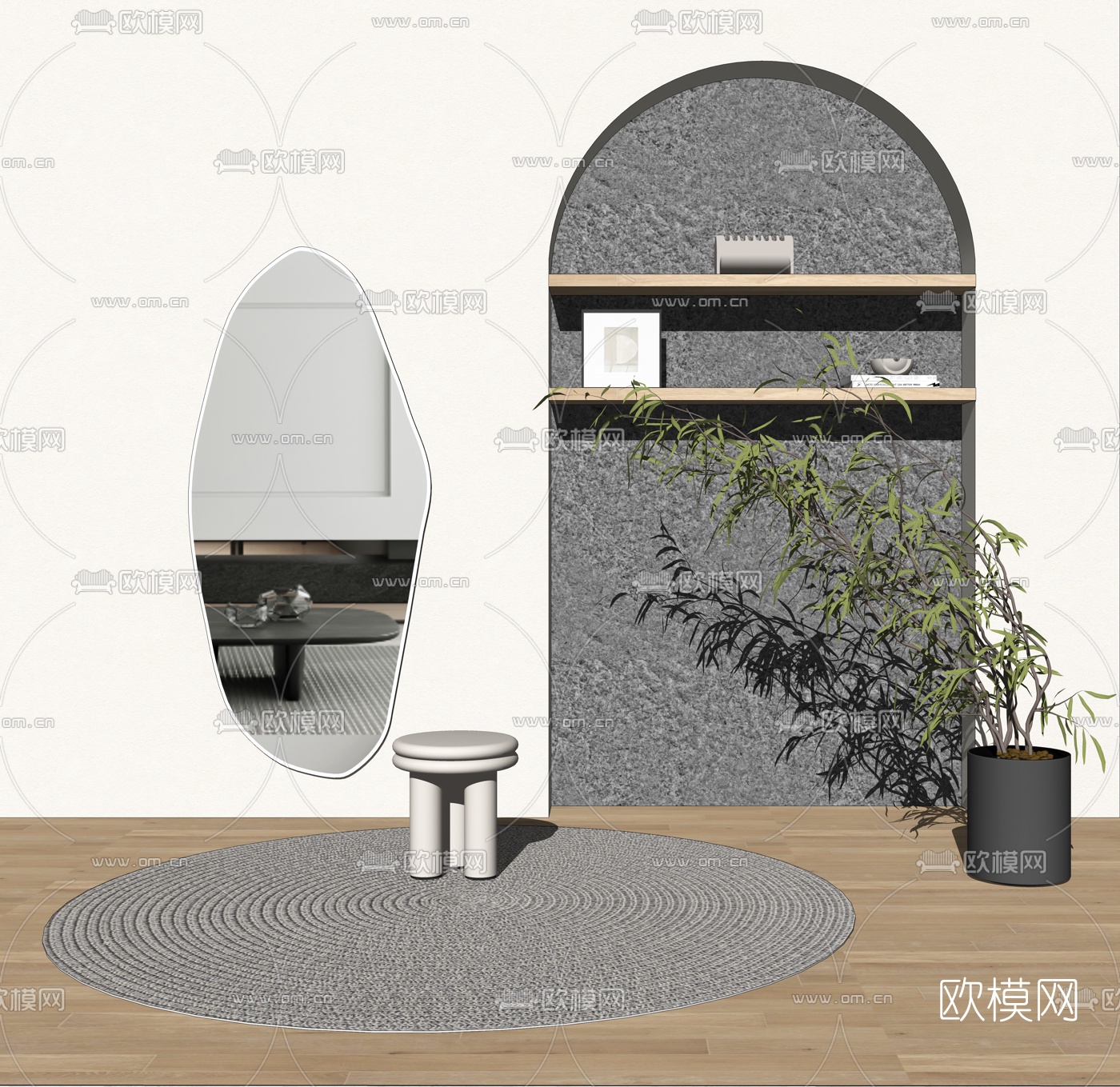 现代穿衣镜换鞋凳su模型下载（渲染图2）