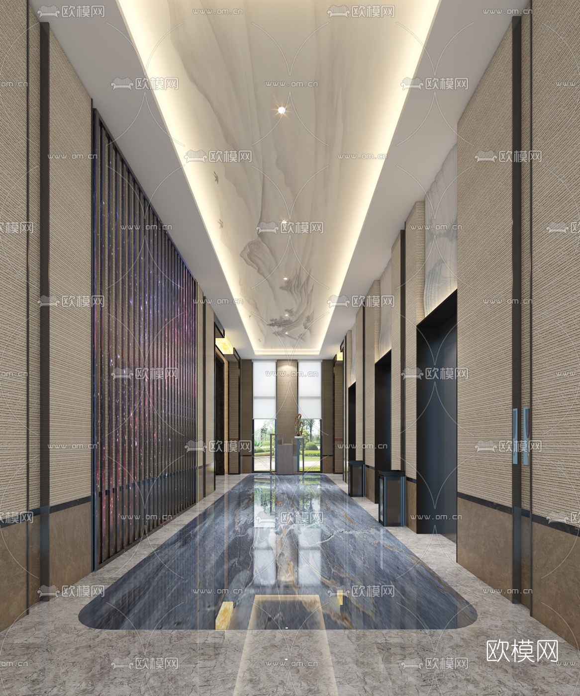 新中式酒店电梯厅3d模型下载（渲染图1）