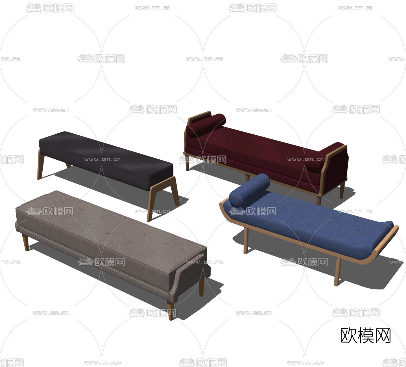 新中式布艺床尾凳脚踏su模型下载