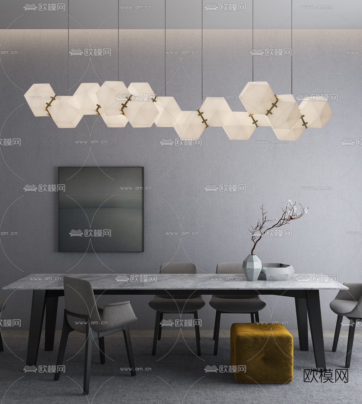 现代餐桌椅吊灯组合3D模型下载（渲染图1）