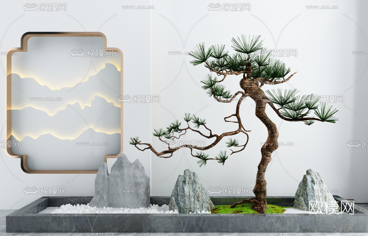 新中式石头松树园艺小品3d模型