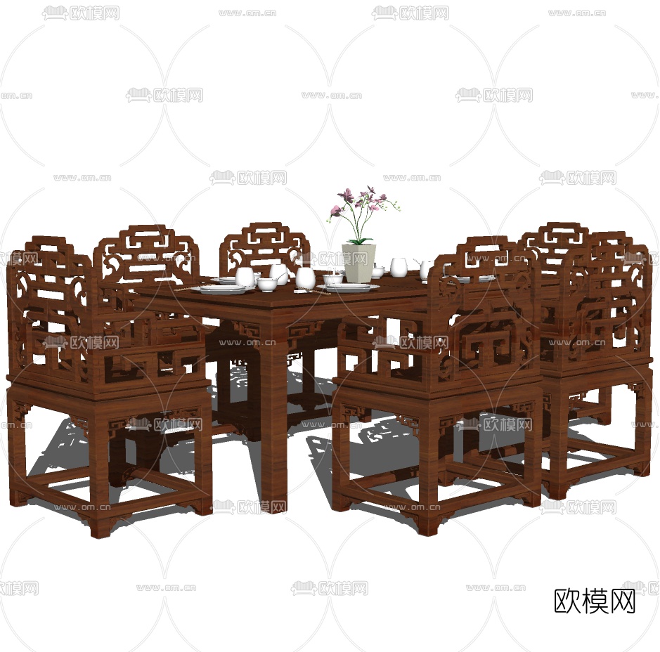 中式实木餐桌椅免费su模型下载（渲染图1）