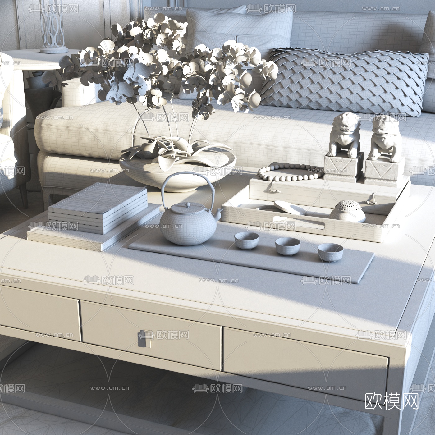 新中式茶几茶具盆栽组合3d模型下载（渲染图4）