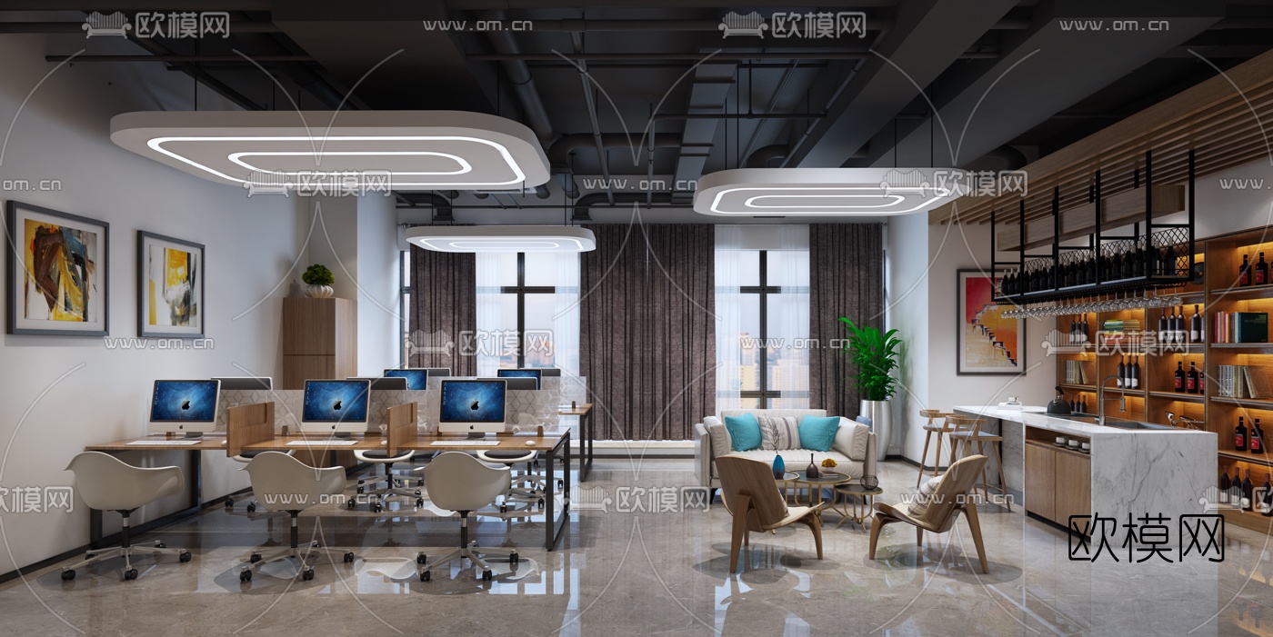 现代敞开式办公室免费3d模型-免费3dmax模型库-欧模网